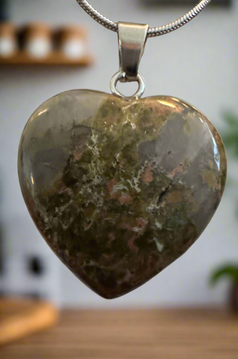 Unakite Heart Pendant w/Sterling Silver Chain