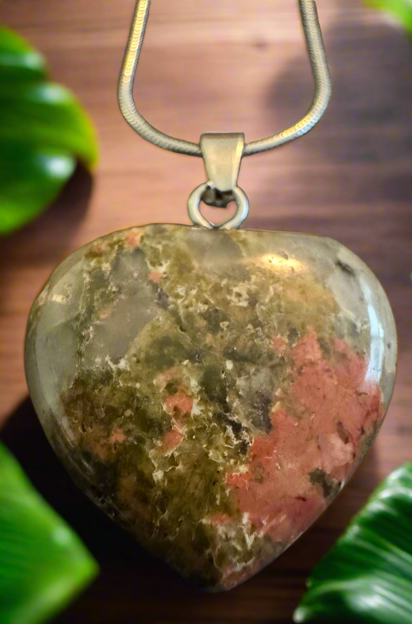 Unakite Heart Pendant w/Sterling Silver Chain