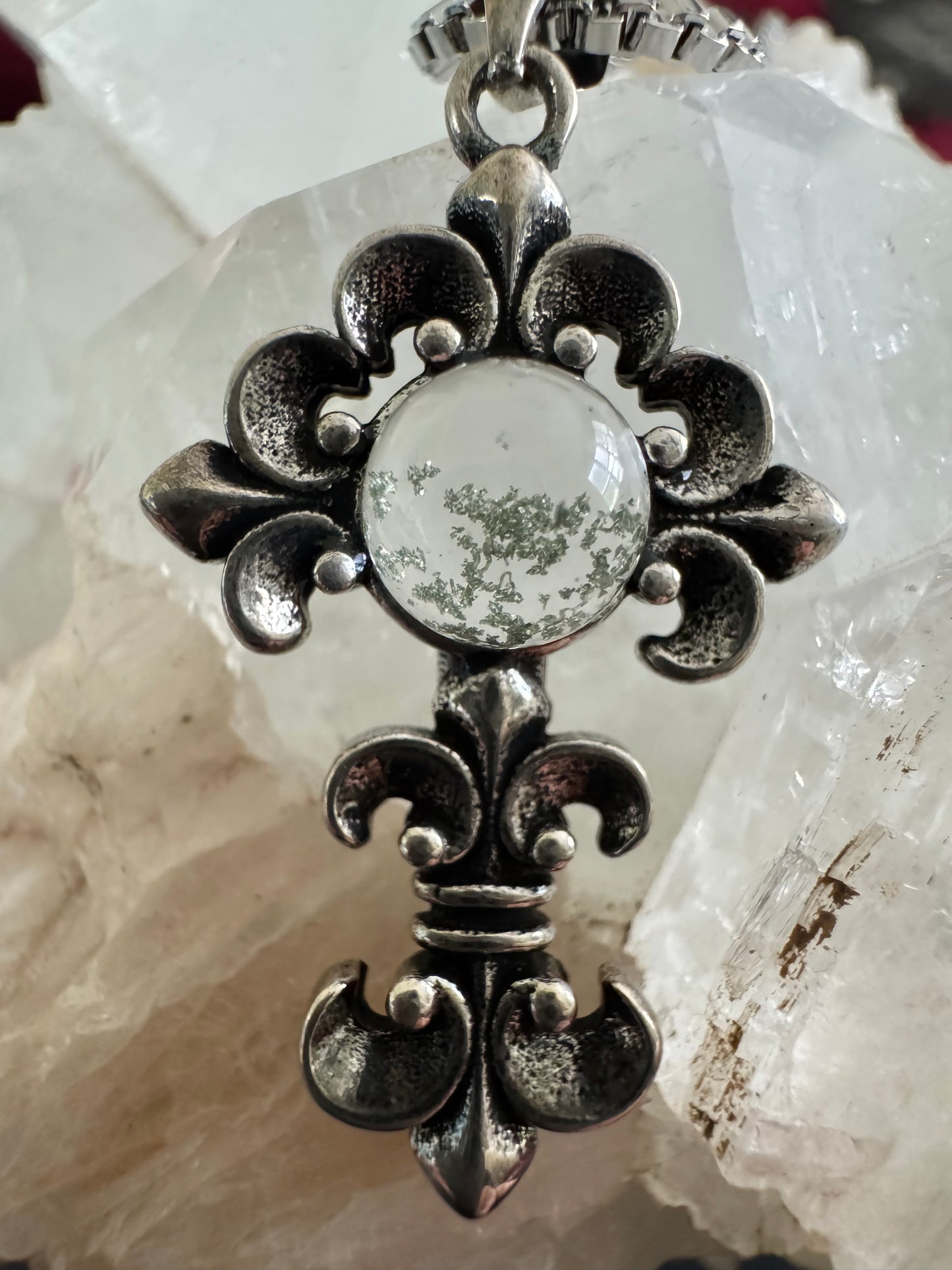 Ghost Quartz Cross Pendant w/Sterling Silver Chain