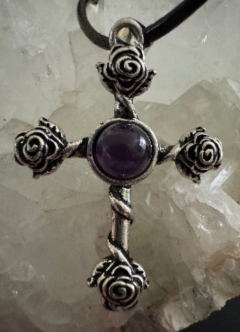 Black Rose and Amethyst Celtic Cross Pendant