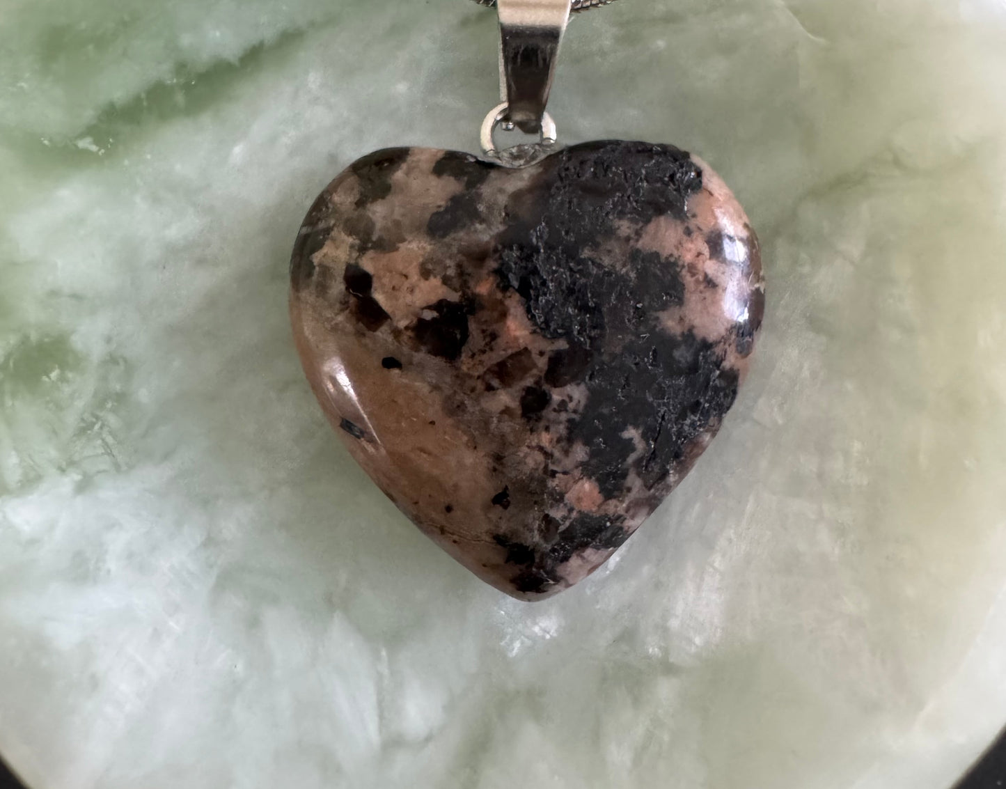Rhodonite Heart Pendant w/Waxed Leather Cord Necklace