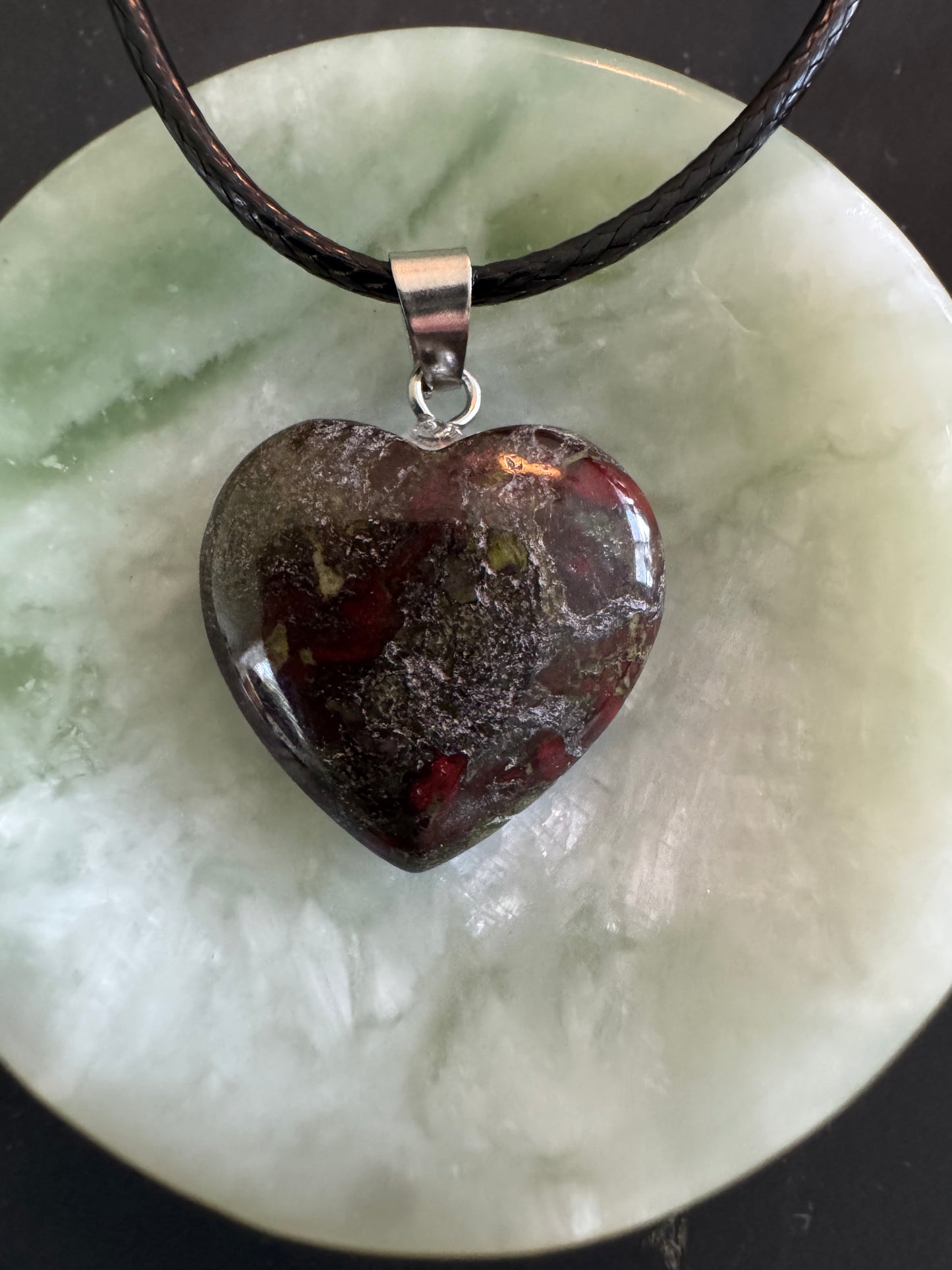 Dragons Blood Jasper Heart Pendant w/waxed leather cord