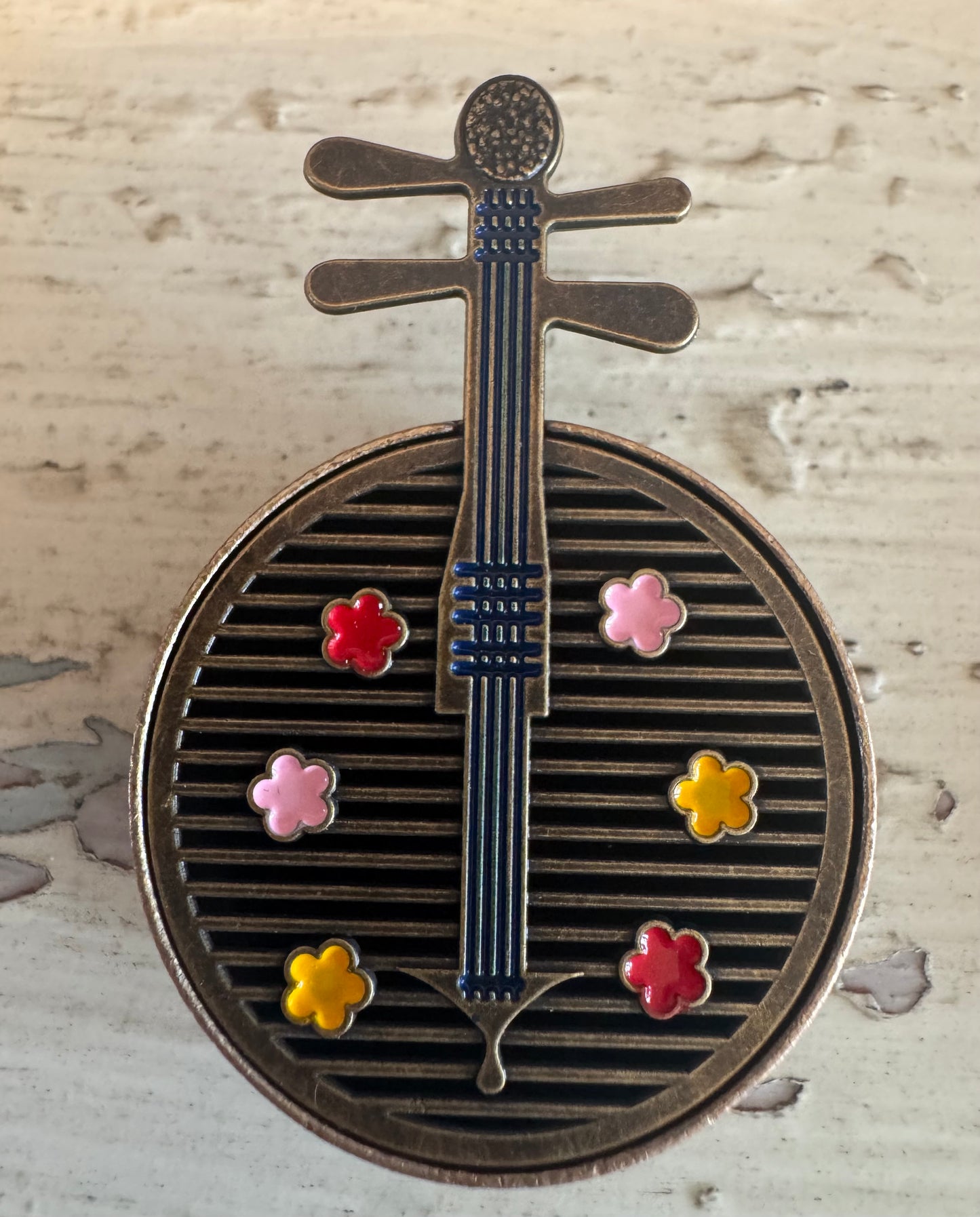 Chinese Incense Holder Brass in the Shape of Yueqin (Painted Flowers)