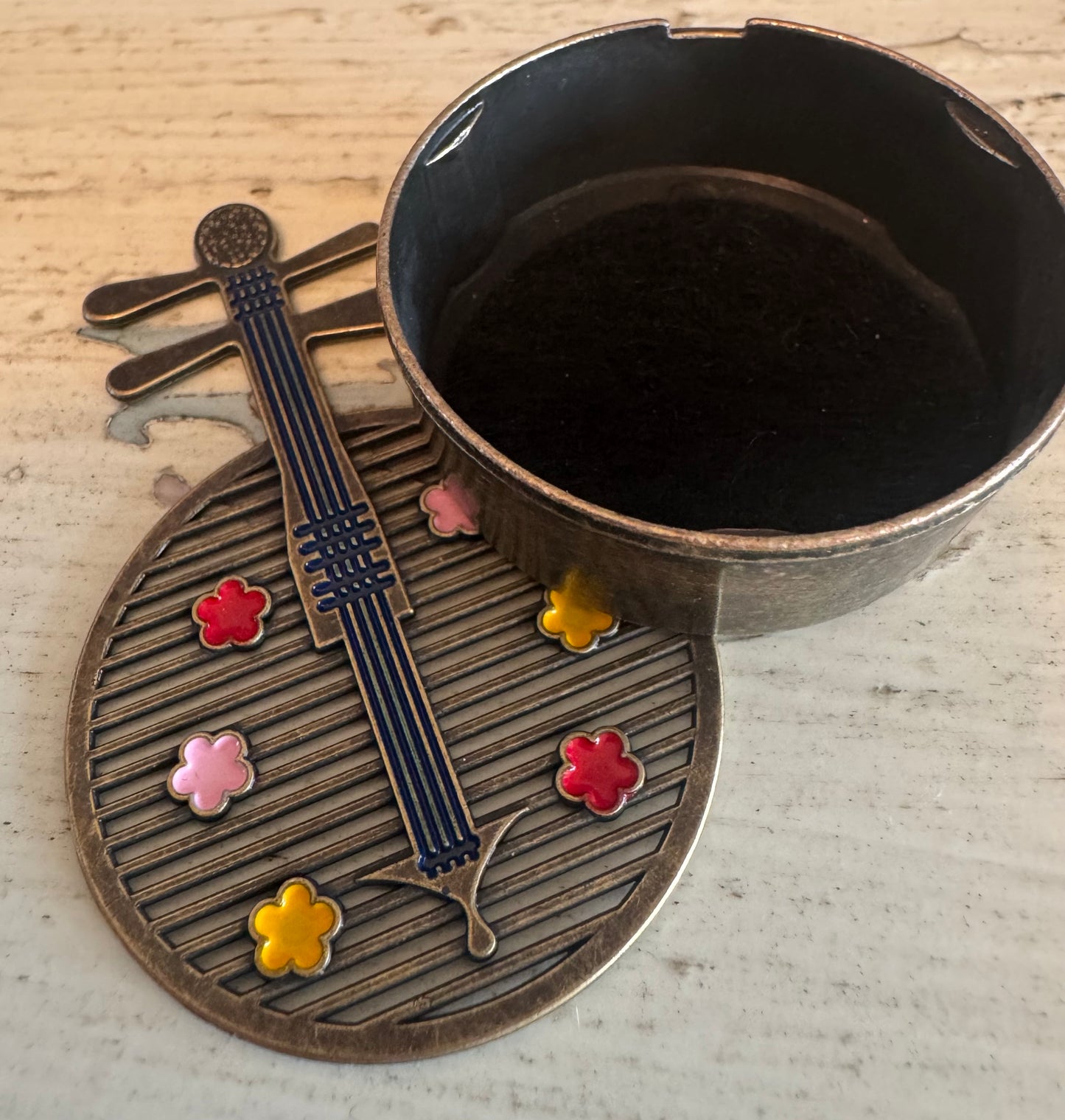 Chinese Incense Holder Brass in the Shape of Yueqin (Painted Flowers)