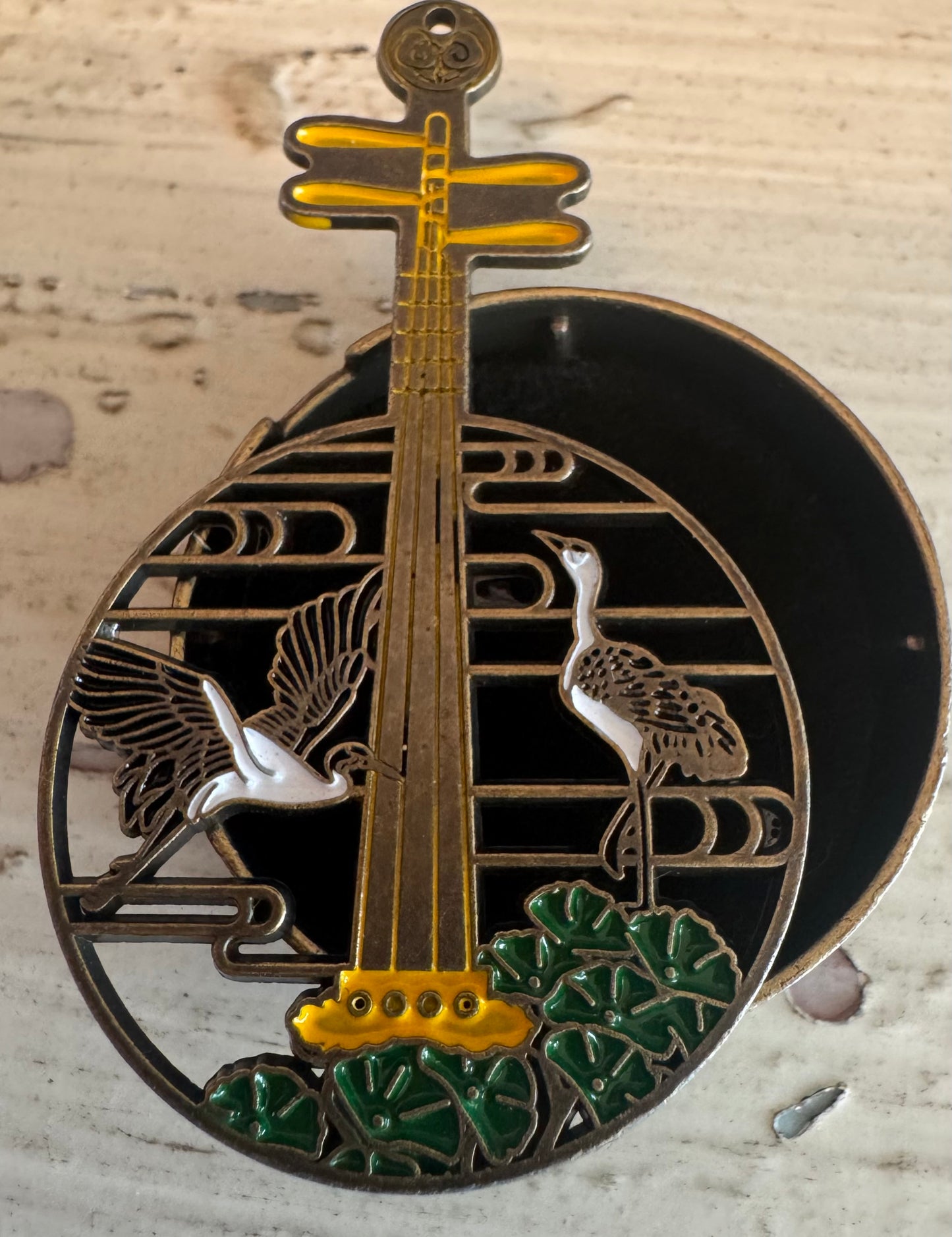 Chinese Incense Holder Brass in the Shape of Yueqin (Cranes & Lotus Leaves)