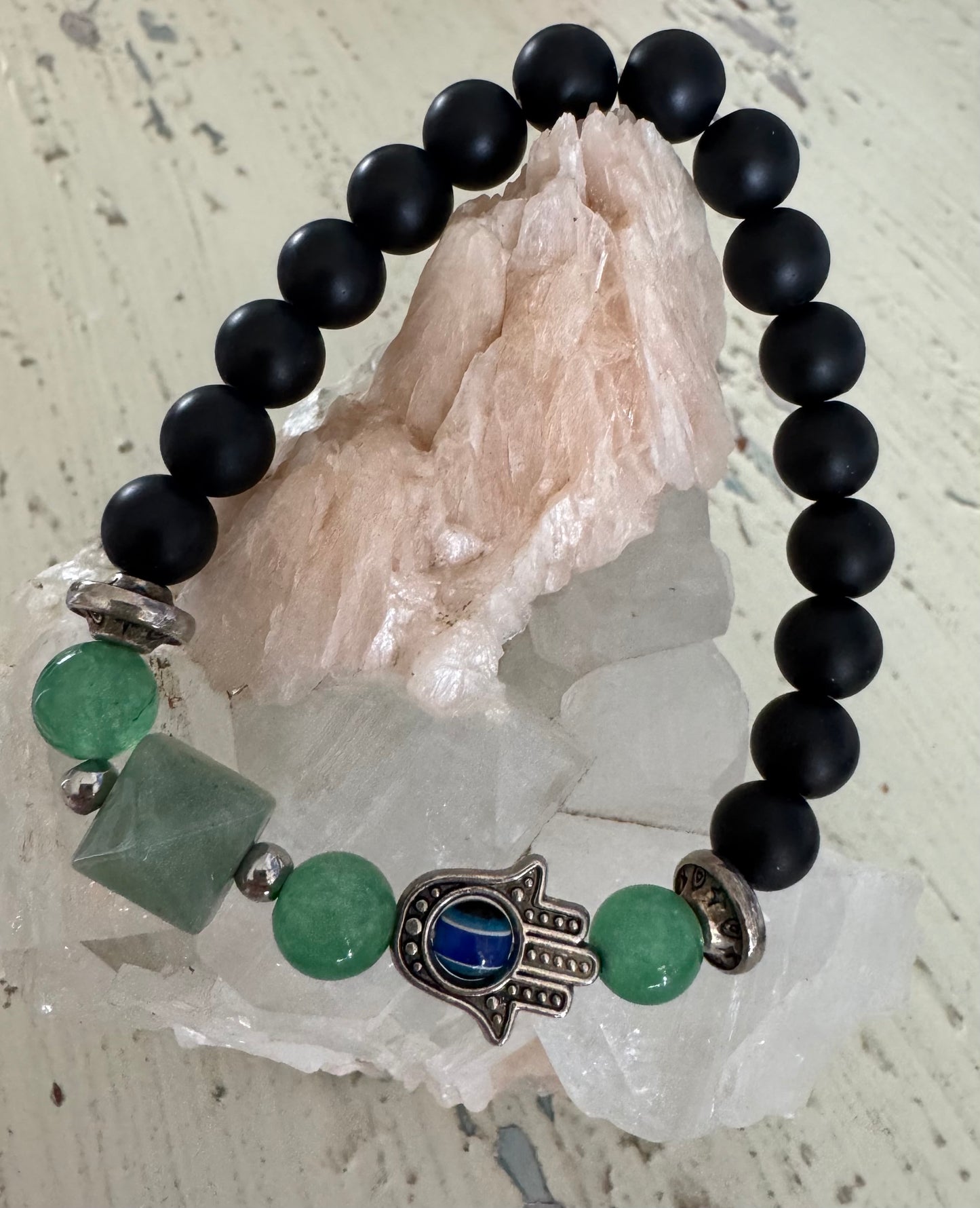 Black Obsidian Specialty Bracelet with Green Aventurine Pyramid, and Hamsa Hand with Evil Eye Spinner Charm