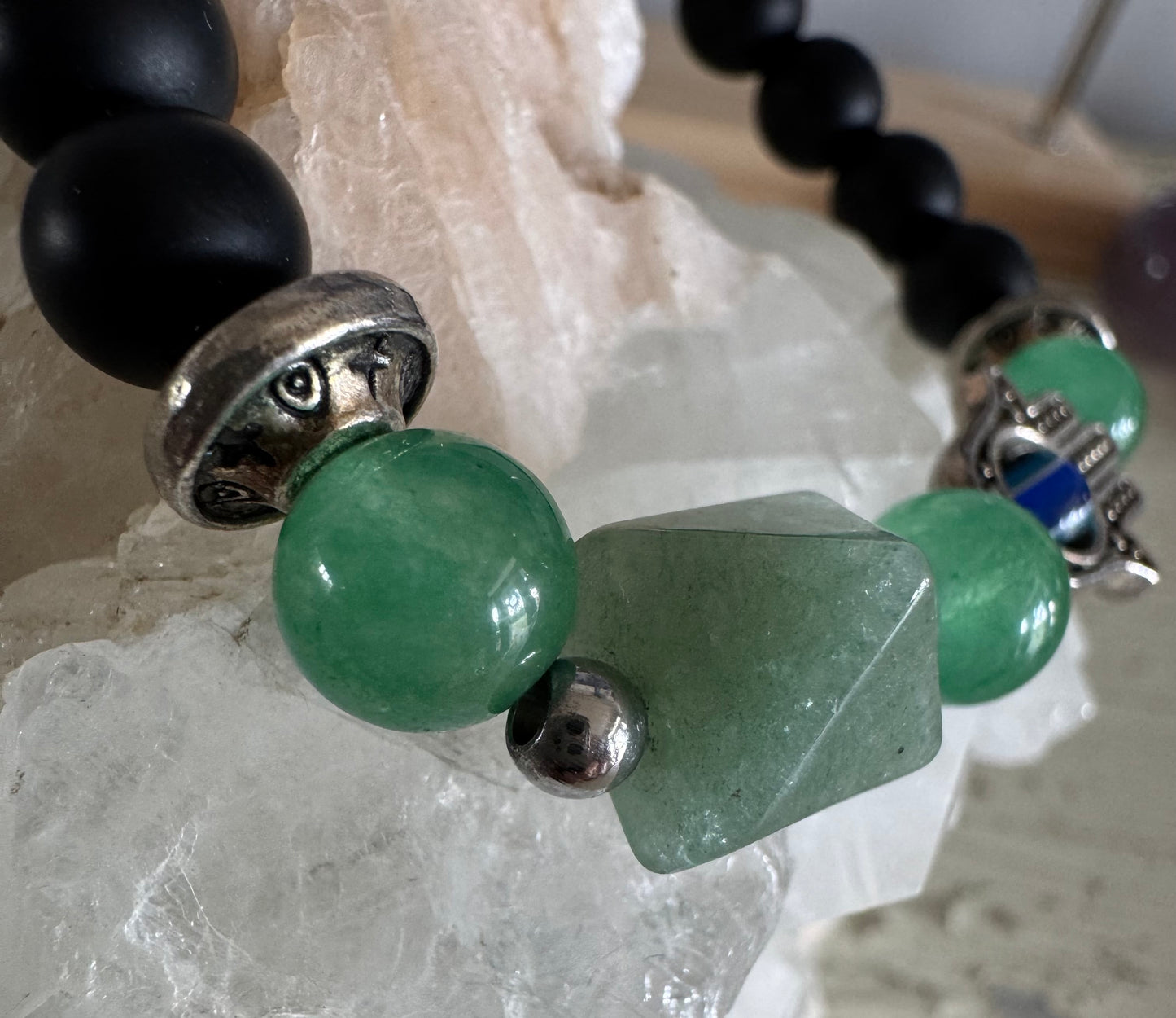 Black Obsidian Specialty Bracelet with Green Aventurine Pyramid, and Hamsa Hand with Evil Eye Spinner Charm