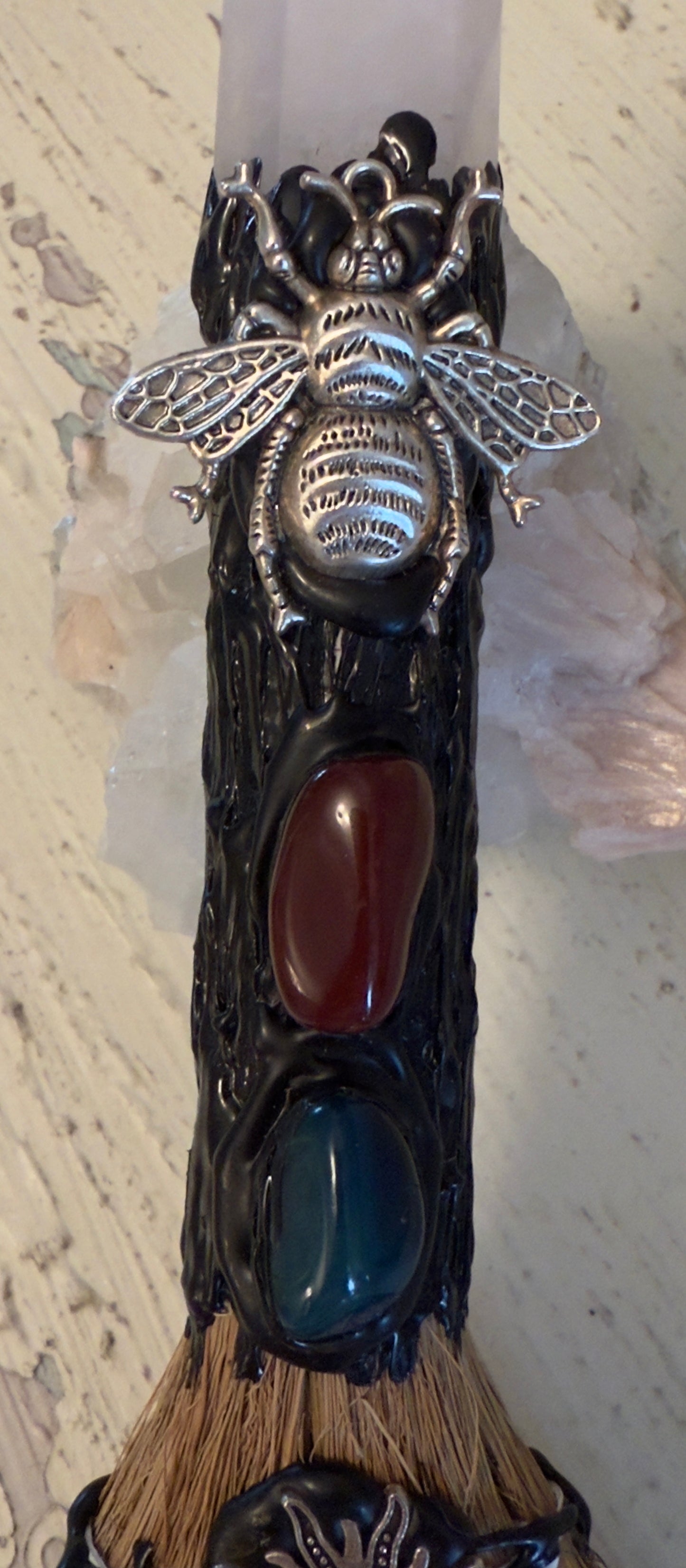 Witch Protection and Altar Broom XL Peacock Feather and Clear Quartz Finial