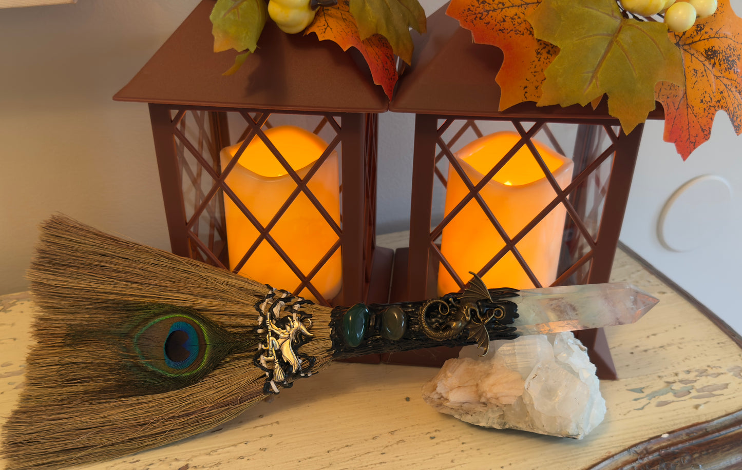 Witch Protection Broom Peacock Feather (Large)