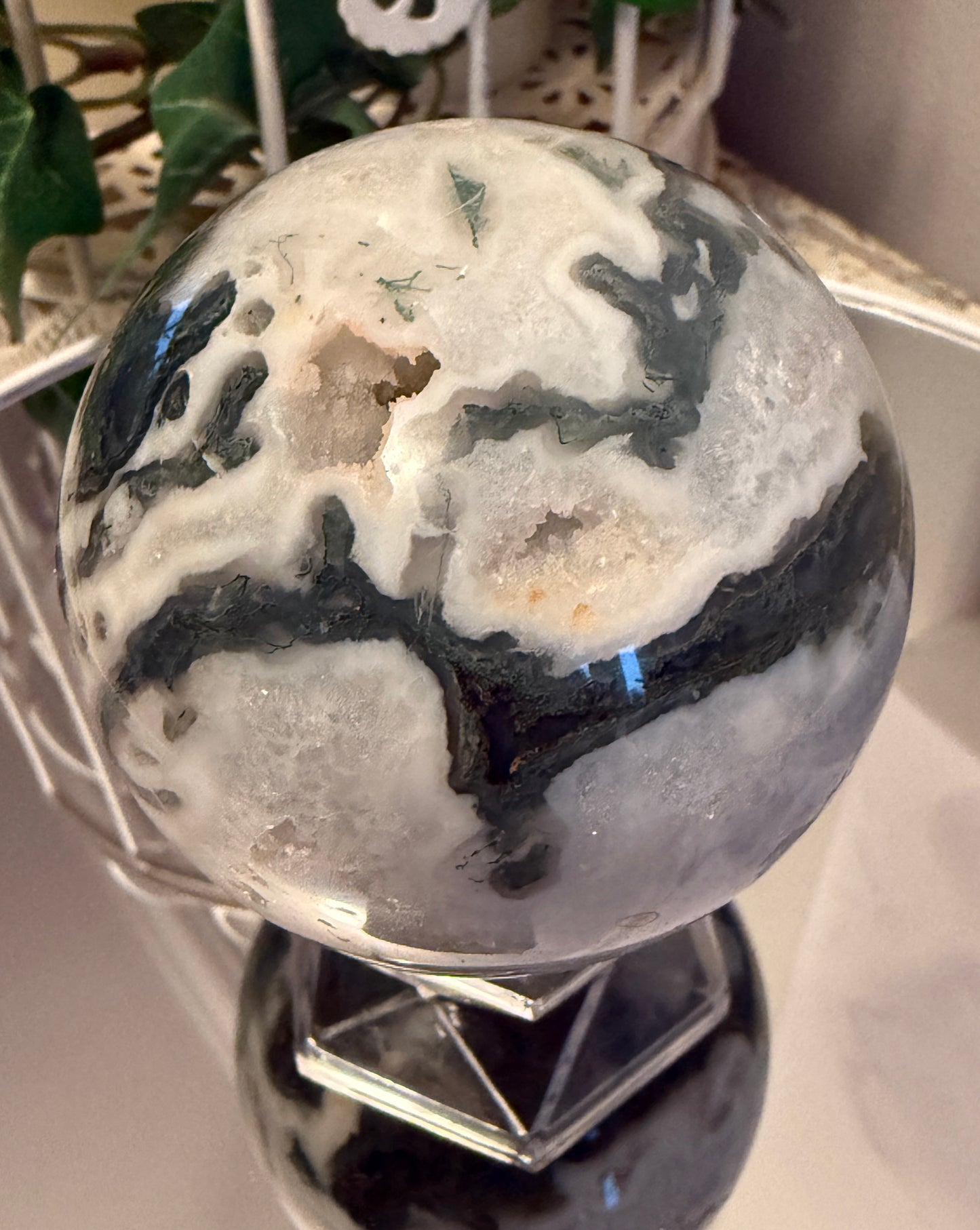 Moss Agate Sphere w/ Small Druzy (L)