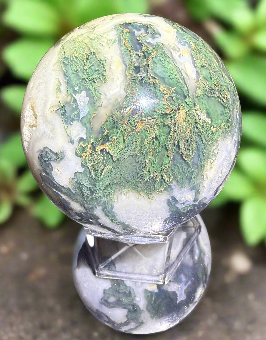 Moss Agate Sphere w/ Small Druzy (L)