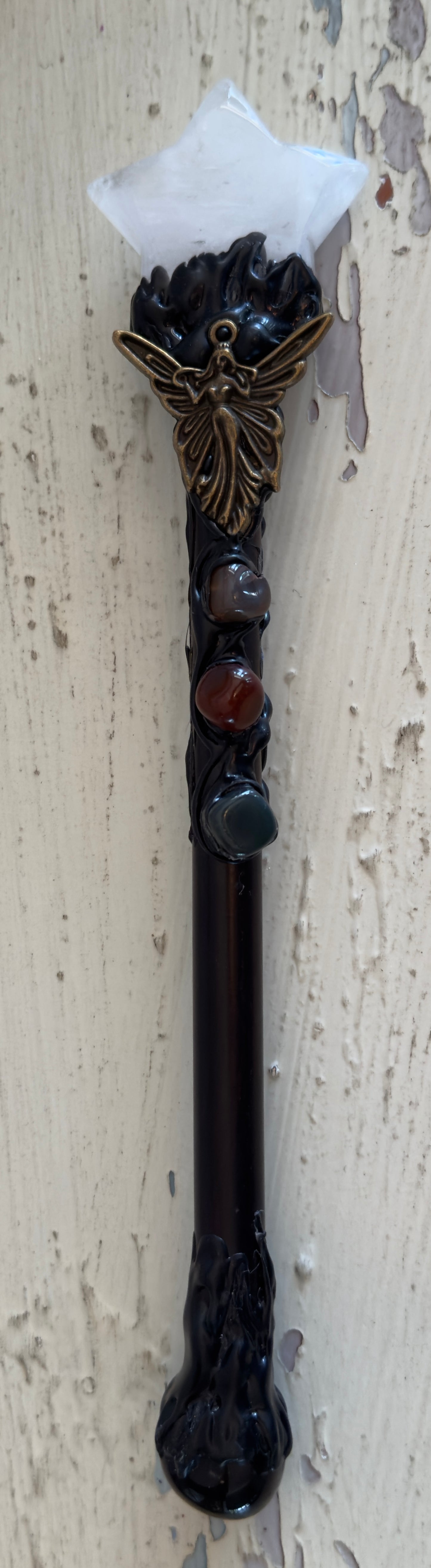 Clear Quartz Finial & Black Obsidian Pommel Scepter with Fairy Charm