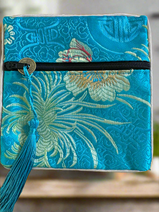 Turquoise Silk Zipper Pouch Set