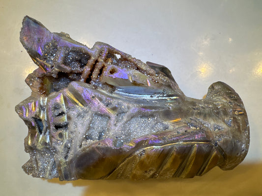 Rainbow Aura Druzy Sphalerite Dragon Head Skull Carving (A)