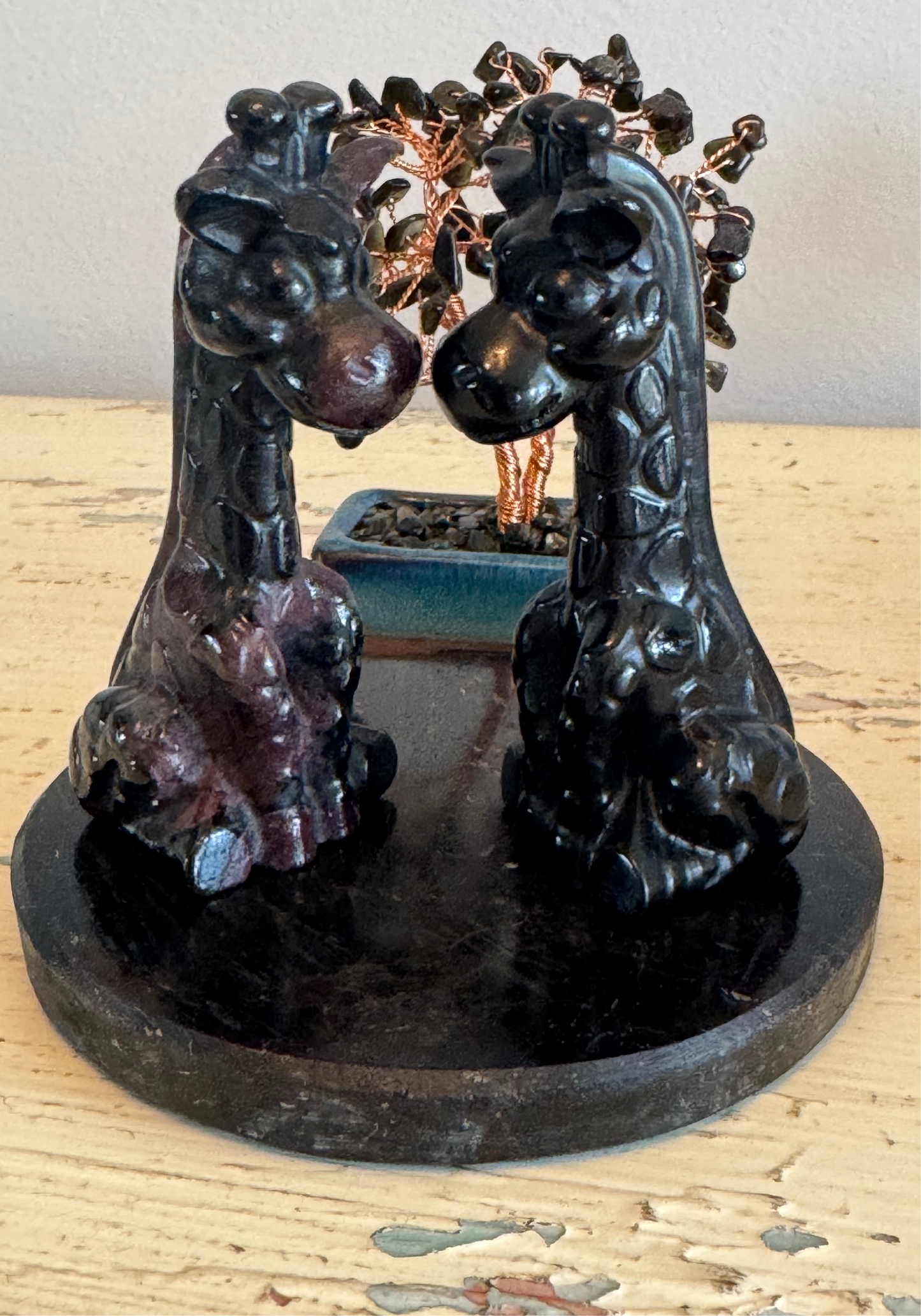 Arfvedsonite Mineral Set with Black Obsidian and Garnet Giraffes