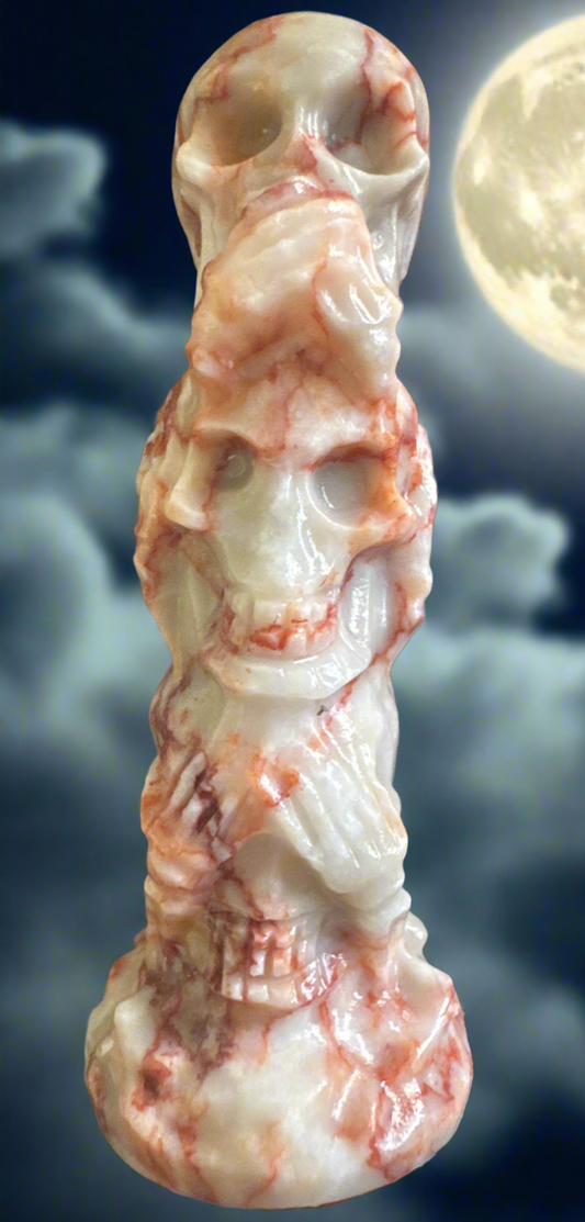 Red Vein Jasper Skull Totem Carving Speak No Evil, Hear No Evil, See No Evil