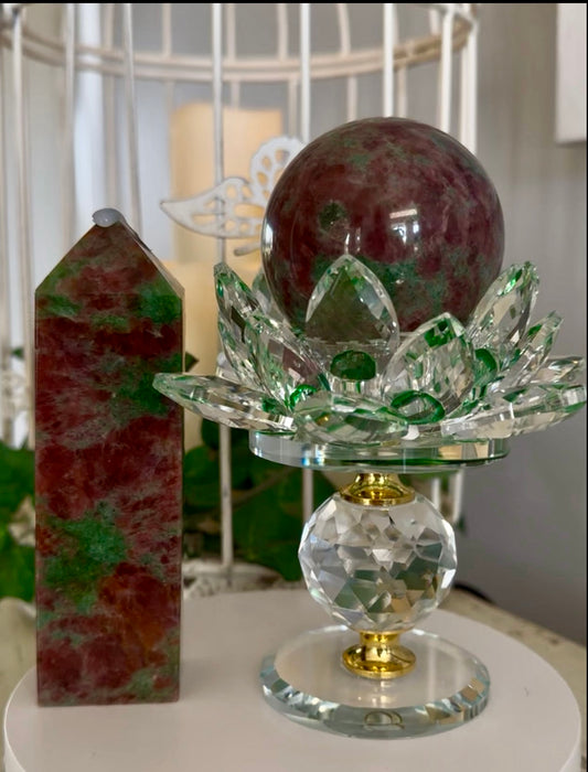 Ruby in Zoisite with beautiful Lotus Glass Sphere Stand