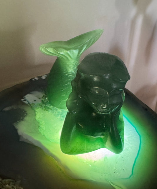 Mermaid Carving w/Agate slab and Light