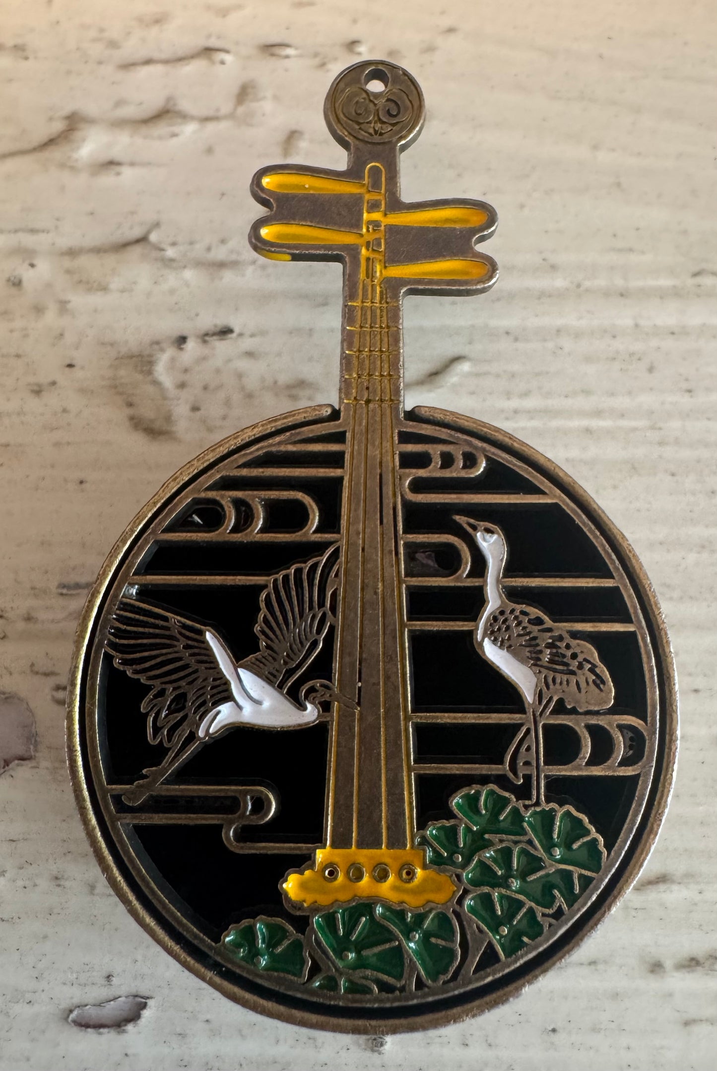 Chinese Incense Holder Brass in the Shape of Yueqin (Cranes & Lotus Leaves)