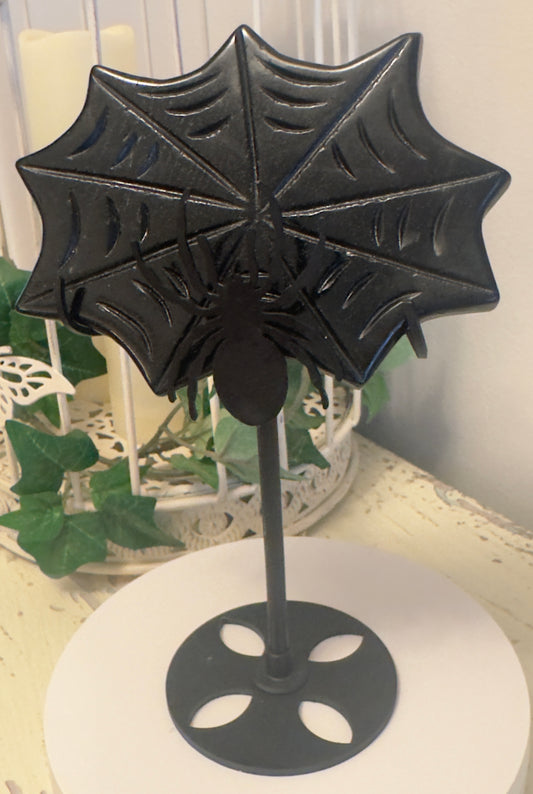 Spider Web Black Obsidian Crystal Carving in Stand