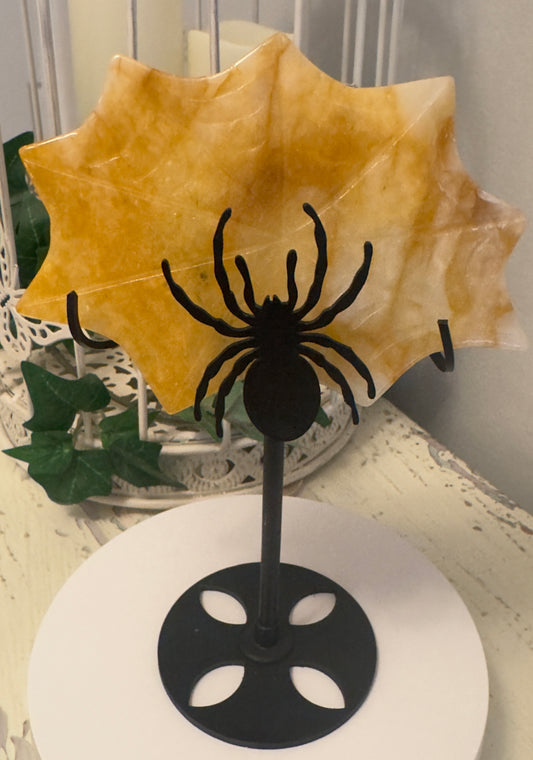 Spider Web Yellow Calcite Crystal Carving in Stand