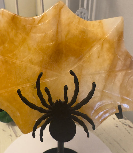 Spider Web Yellow Calcite Crystal Carving in Stand