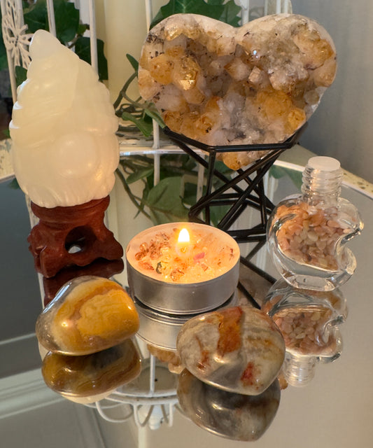 Citrine Heart Cluster & White Calcite Gnome Set