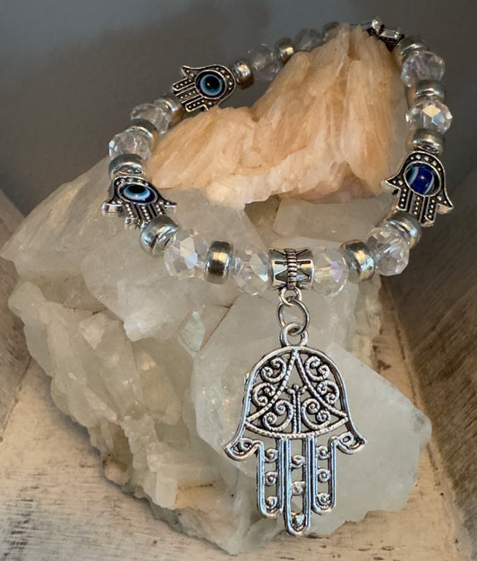 Evil Eye Bracelet, Crystal Bead Clear Charm Bangle, Hamsa Hand Charms
