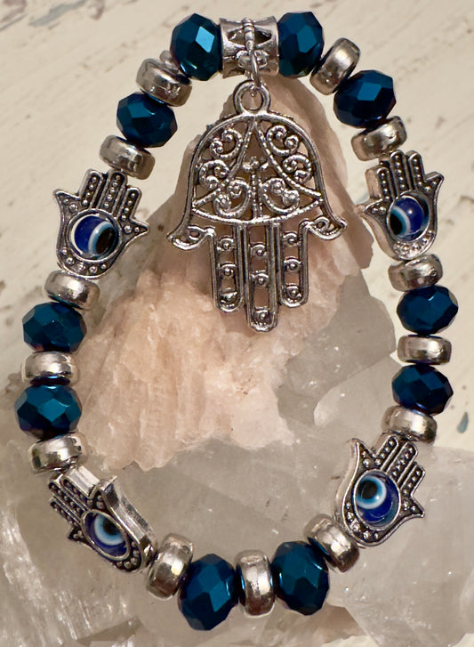 Evil Eye Bracelet, Crystal Bead Blue Charm Bangle, Hamsa Hand Charms