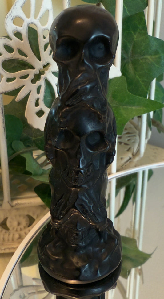 Black Obsidian Skull Totem Carving Speak No Evil, Hear No Evil, See No Evil