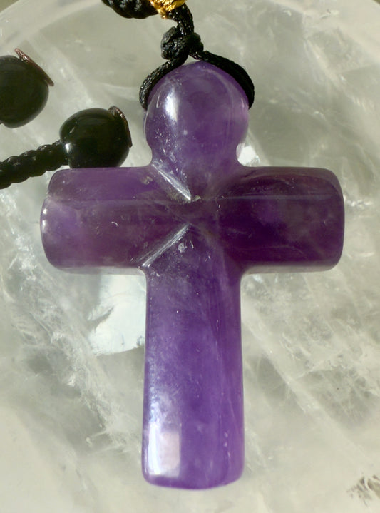 🍃 Amethyst Carved Cross with Adjustible Braided Rope and Bead Necklace 🤍