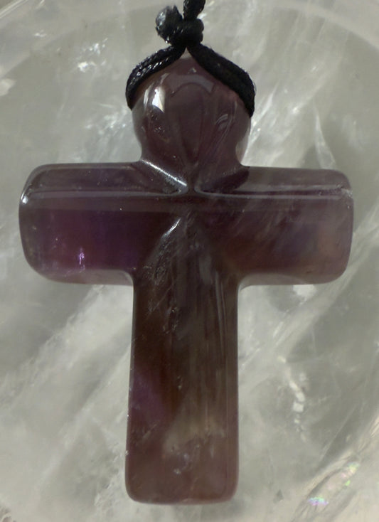 Fluorite Carved Cross with Adjustable Braided Rope and Bead Necklace