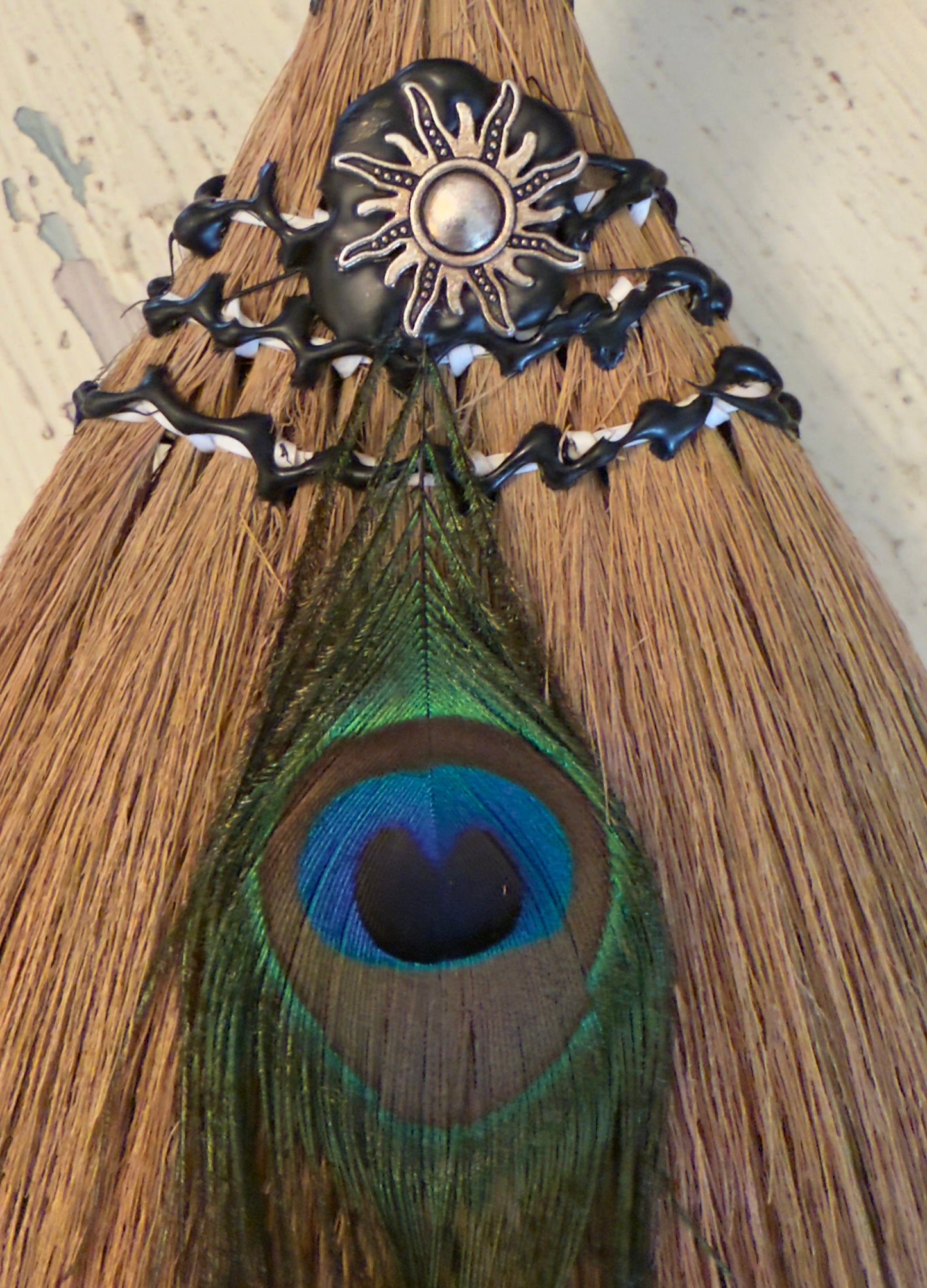 Witch Protection and Altar Broom XL Peacock Feather and Clear Quartz Finial