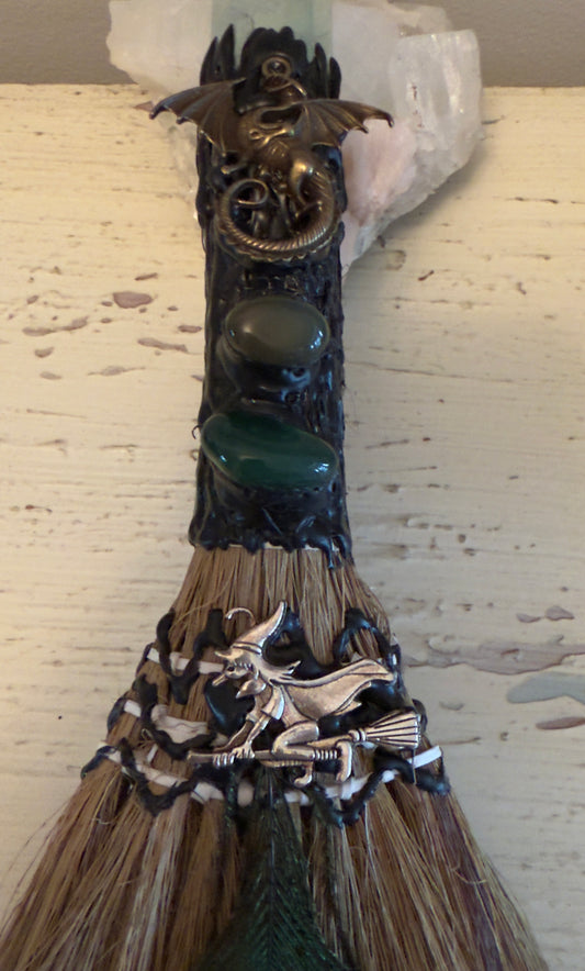 Witch Protection Broom Peacock Feather (Large)