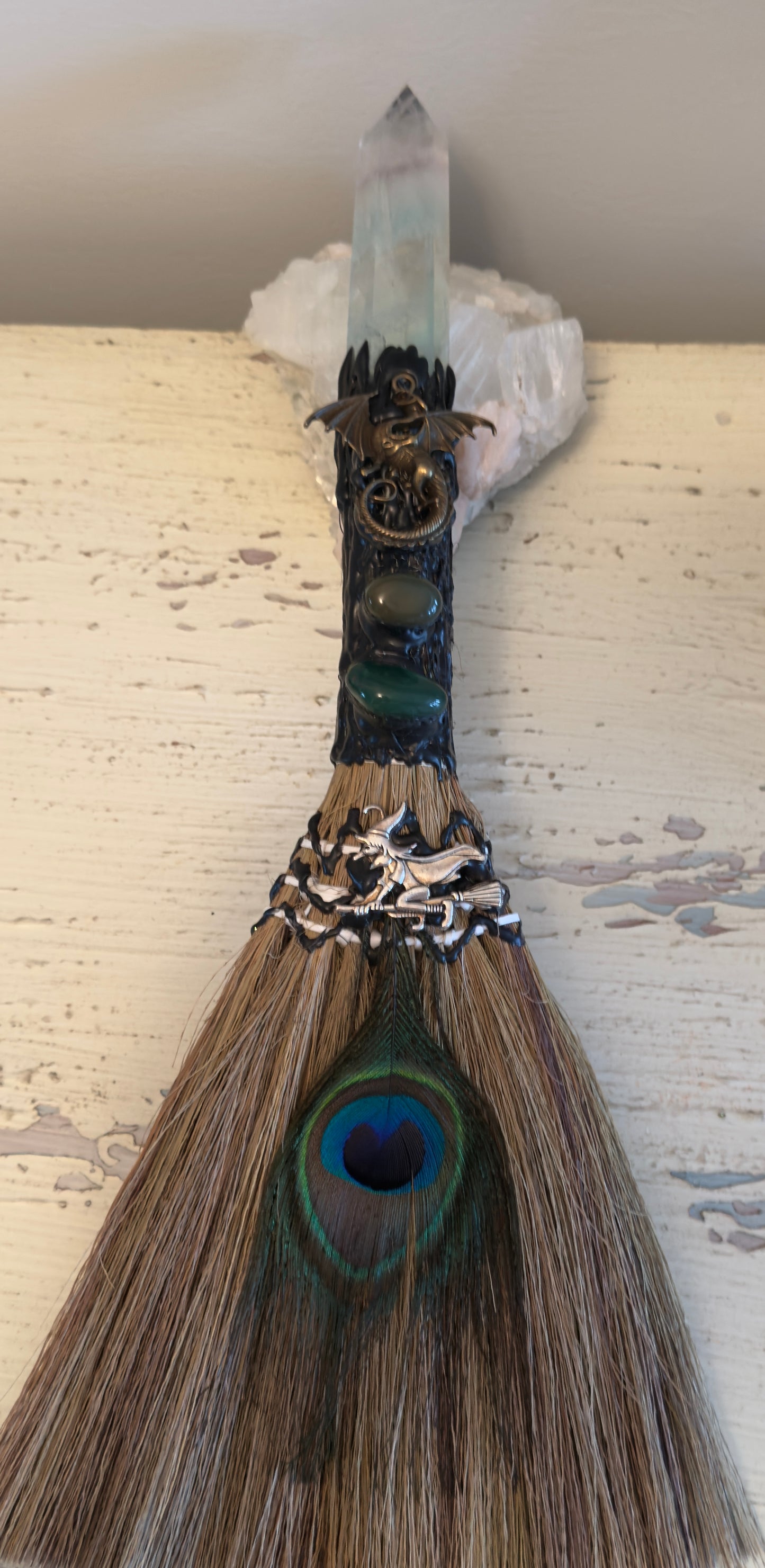 Witch Protection Broom Peacock Feather (Large)
