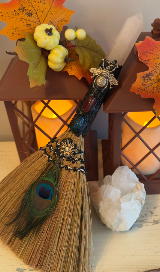 Witch Protection and Altar Broom XL Peacock Feather and Clear Quartz Finial