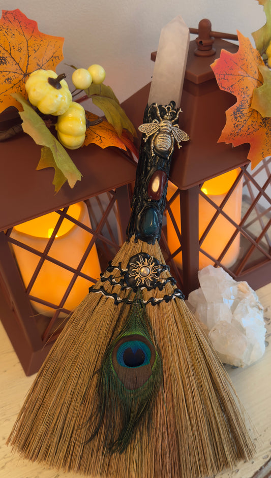 Witch Protection and Altar Broom XL Peacock Feather and Clear Quartz Finial