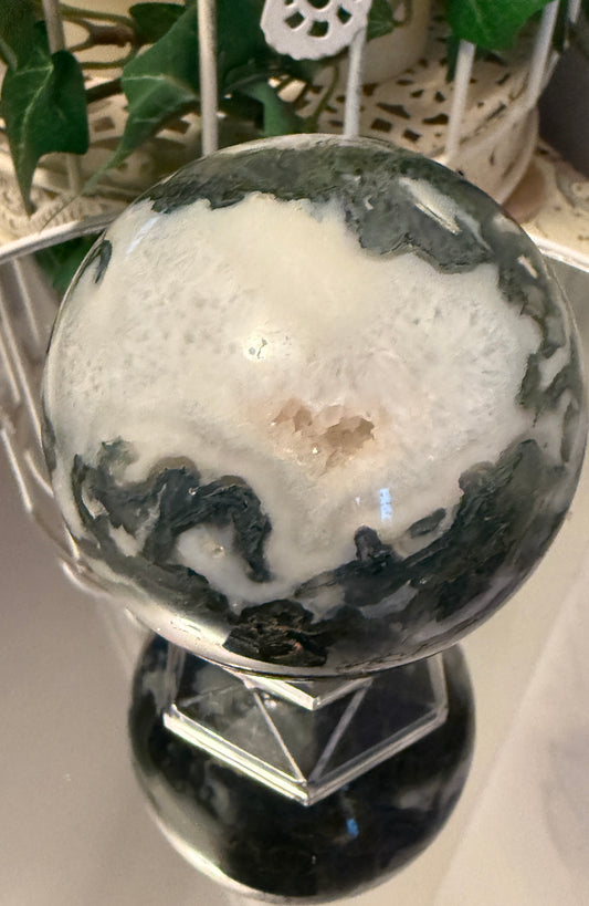 Moss Agate Sphere w/ Small Druzy  (L)