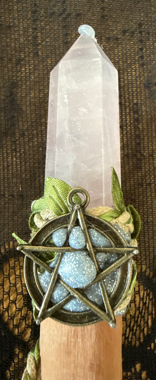 Altar Bell Rose Quartz Finial and Pentagram Adornment
