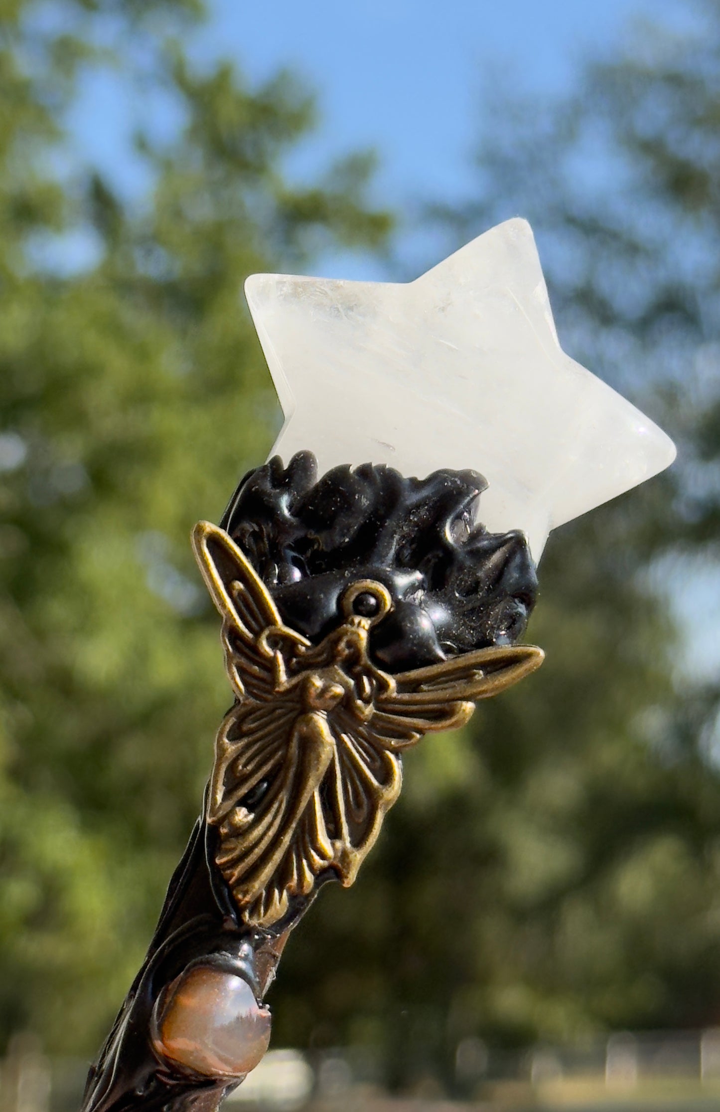 Clear Quartz Finial & Black Obsidian Pommel Scepter with Fairy Charm