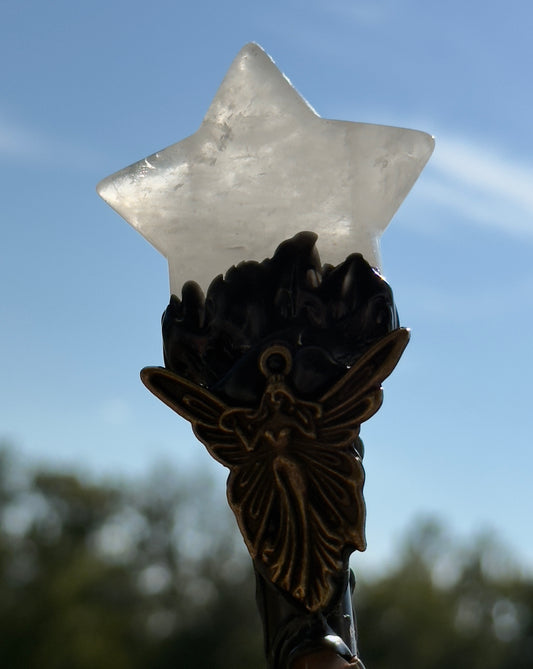 Clear Quartz Finial & Black Obsidian Pommel Scepter with Fairy Charm
