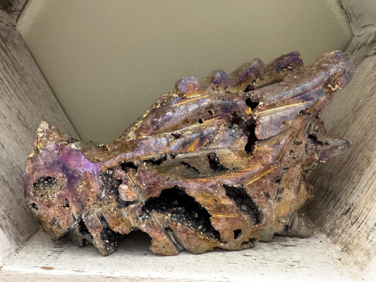 Rainbow Aura Druzy Sphalerite  Dragon Head Skull Carving (B)