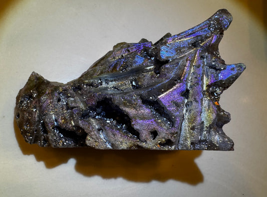 Rainbow Aura Druzy Sphalerite  Dragon Head Skull Carving (B)