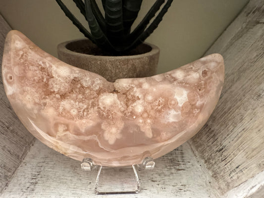 Druzy Pink Sakura Agate Crescent Moon Carving