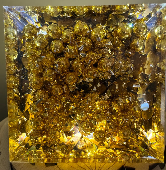 Yellow Tigers Eye Flower of Life Orgonite Pyramid