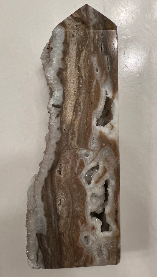 Banded Agate Tower with Sparkly Druzy Quartz Crystalline